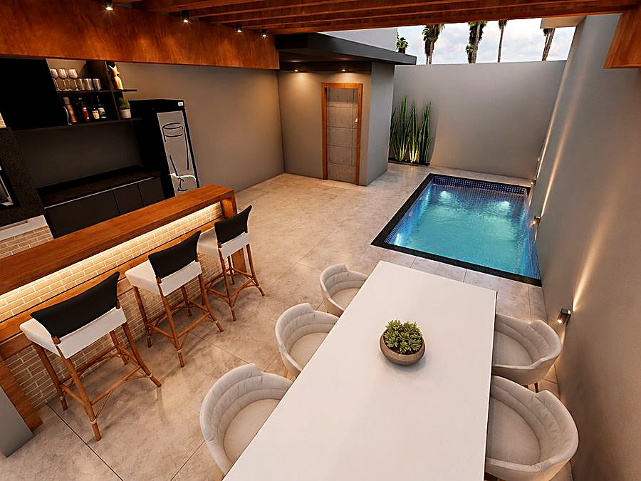 Área gourmet integrada ao quintal em projeto de casa em Piracicaba