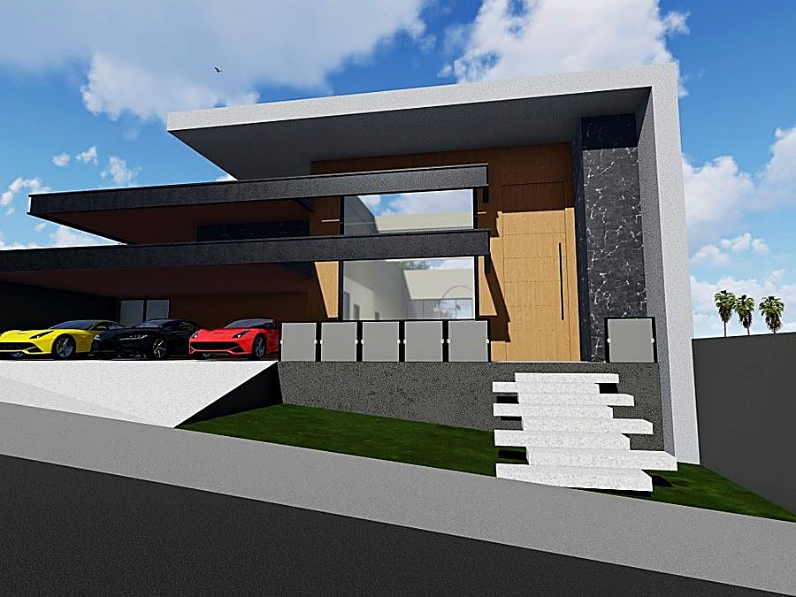 Projeto de fachada residencial em Piracicaba, com garagem coberta e revestimento em pedra